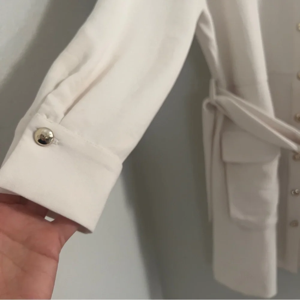 ZARA Women’s XL Gold Button Utility Belted Shirt Dress Ivory Cream Butter White - Picture 10 of 13